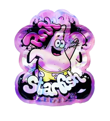 Mylar bag 3.5g, herb Mylar Bags, Where to buy mylar bags, Custom mylar bags near me, Mylar Bags Wholesale. Colorful Patrick Star figurine with 'Starfish' text on a white background