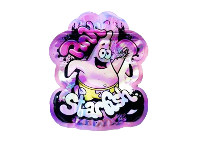 Mylar bag 3.5g, herb Mylar Bags, Where to buy mylar bags, Custom mylar bags near me, Mylar Bags Wholesale. Colorful Patrick Star figurine with 'Starfish' text on a white background