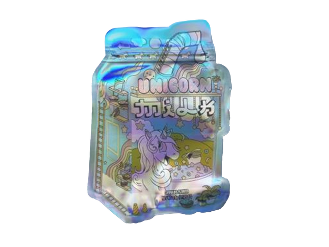 Mylar bag 3.5g, herb Mylar Bags, Where to buy mylar bags, Custom mylar bags near me, Mylar Bags Wholesale. Holographic packaging with unicorn design and text on a white background