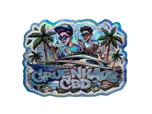 Mylar bag 3.5g, herb Mylar Bags, Where to buy mylar bags, Custom mylar bags near me, Mylar Bags Wholesale. Sticker with two people on a boat, palm trees, and 'Gruenhaus CBD' text.
