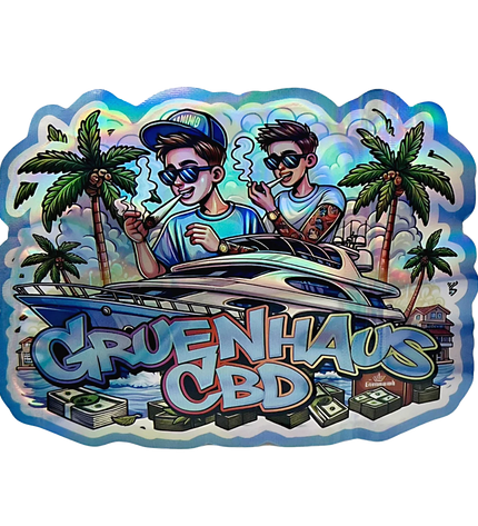 Mylar bag 3.5g, herb Mylar Bags, Where to buy mylar bags, Custom mylar bags near me, Mylar Bags Wholesale. Sticker with two people on a boat, palm trees, and 'Gruenhaus CBD' text.