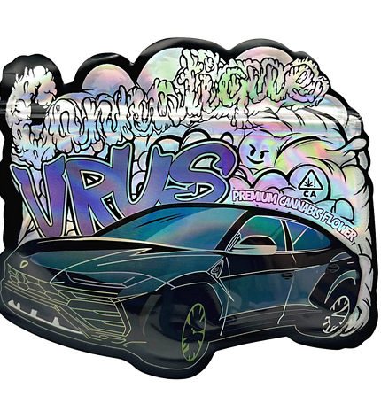 Mylar bag 3.5g, herb Mylar Bags, Where to buy mylar bags, Custom mylar bags near me, Mylar Bags Wholesale. Holographic sticker with 'Virus' branding and car illustration on a white background