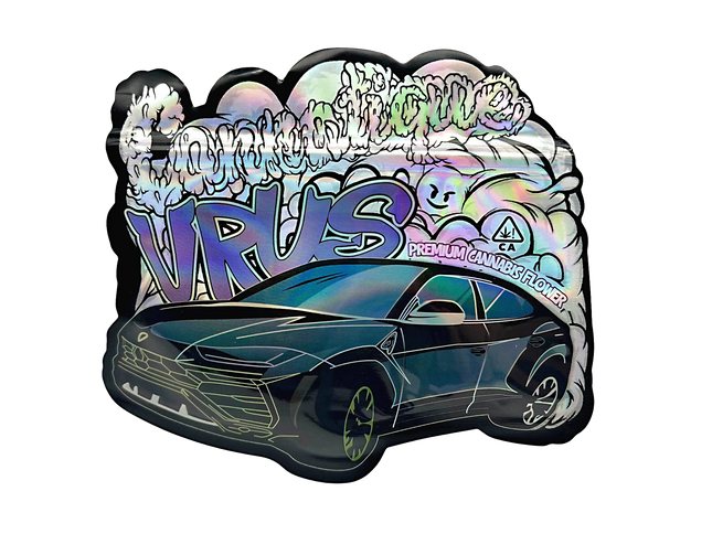 Mylar bag 3.5g, herb Mylar Bags, Where to buy mylar bags, Custom mylar bags near me, Mylar Bags Wholesale. Holographic sticker with 'Virus' branding and car illustration on a white background