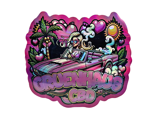 Mylar bag 3.5g, herb Mylar Bags, Where to buy mylar bags, Custom mylar bags near me, Mylar Bags Wholesale. Colorful graphic with a woman in a car, palm trees, and 'Greenhaze CBD' text on a pink border.