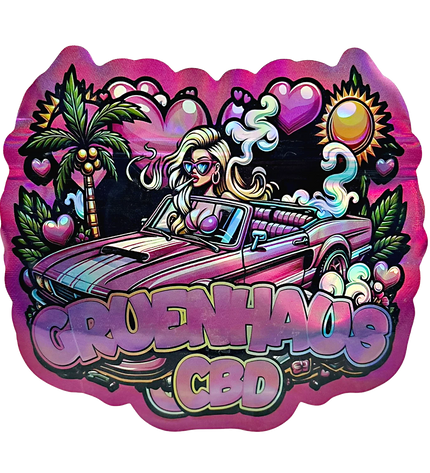 Mylar bag 3.5g, herb Mylar Bags, Where to buy mylar bags, Custom mylar bags near me, Mylar Bags Wholesale. Colorful graphic with a woman in a car, palm trees, and 'Greenhaze CBD' text on a pink border.