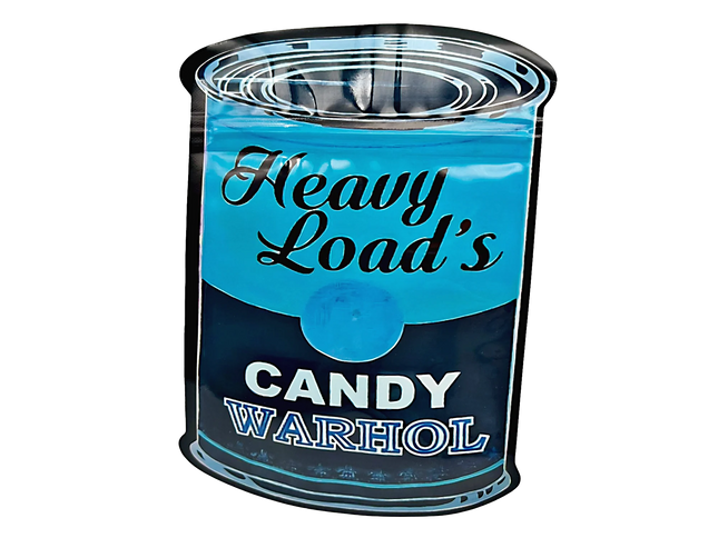 Mylar bag 3.5g, herb Mylar Bags, Where to buy mylar bags, Custom mylar bags near me, Mylar Bags Wholesale. Blue canister with 'Heavy Load's Candy Warhol' text on a white background