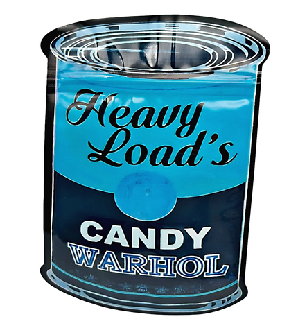 Mylar bag 3.5g, herb Mylar Bags, Where to buy mylar bags, Custom mylar bags near me, Mylar Bags Wholesale. Blue canister with 'Heavy Load's Candy Warhol' text on a white background