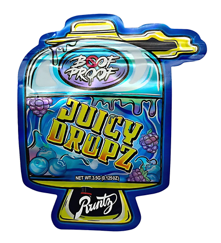 Mylar bag 3.5g, herb Mylar Bags, Where to buy mylar bags, Custom mylar bags near me, Mylar Bags Wholesale. Colorful packaging of Juicy Dropz by Boot Profi with Runty branding on a white background