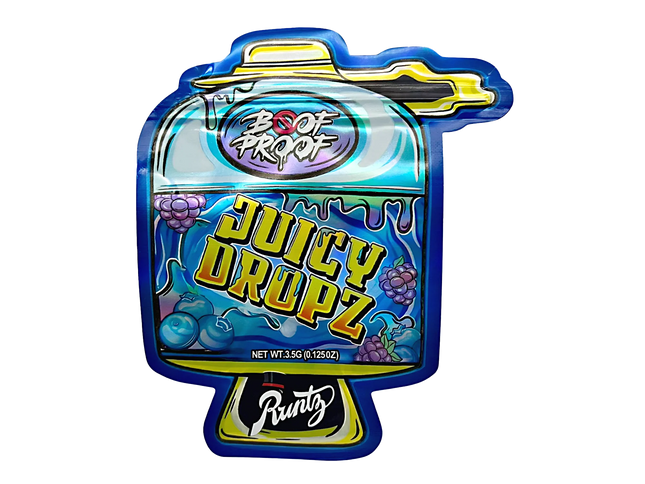 Mylar bag 3.5g, herb Mylar Bags, Where to buy mylar bags, Custom mylar bags near me, Mylar Bags Wholesale. Colorful packaging of Juicy Dropz by Boot Profi with Runty branding on a white background