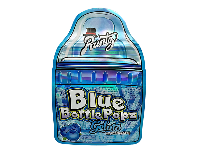 Mylar bag 3.5g, herb Mylar Bags, Where to buy mylar bags, Custom mylar bags near me, Mylar Bags Wholesale. Blue bottle-shaped gelato packaging with 'Runtz' branding on a white background