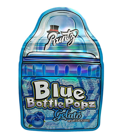 Mylar bag 3.5g, herb Mylar Bags, Where to buy mylar bags, Custom mylar bags near me, Mylar Bags Wholesale. Blue bottle-shaped gelato packaging with 'Runtz' branding on a white background