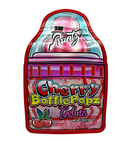 Mylar bag 3.5g, herb Mylar Bags, Where to buy mylar bags, Custom mylar bags near me, Mylar Bags Wholesale. Packaged Cherry Bottle Popz Gelato with 'Runtz' branding on a white background