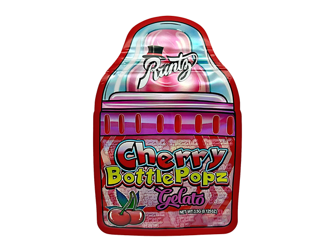 Mylar bag 3.5g, herb Mylar Bags, Where to buy mylar bags, Custom mylar bags near me, Mylar Bags Wholesale. Packaged Cherry Bottle Popz Gelato with 'Runtz' branding on a white background
