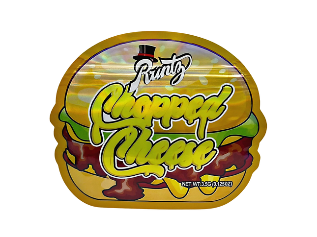 Mylar bag 3.5g, herb Mylar Bags, Where to buy mylar bags, Custom mylar bags near me, Mylar Bags Wholesale. Packaged snack with 'Punny Chopped Cheese' branding on a white background