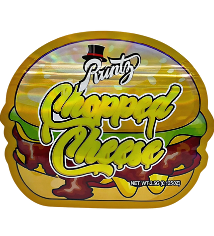 Mylar bag 3.5g, herb Mylar Bags, Where to buy mylar bags, Custom mylar bags near me, Mylar Bags Wholesale. Packaged snack with 'Punny Chopped Cheese' branding on a white background