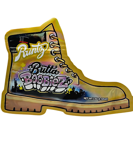 Mylar bag 3.5g, herb Mylar Bags, Where to buy mylar bags, Custom mylar bags near me, Mylar Bags Wholesale. Boot-shaped packaging with 'Runtz' and 'Butta Boobiez' branding on a white background