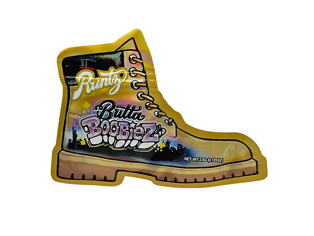 Mylar bag 3.5g, herb Mylar Bags, Where to buy mylar bags, Custom mylar bags near me, Mylar Bags Wholesale. Boot-shaped packaging with 'Runtz' and 'Butta Boobiez' branding on a white background