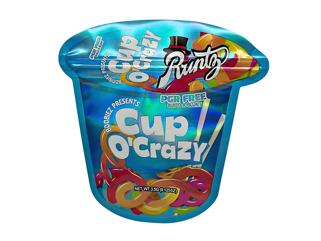 Mylar bag 3.5g, herb Mylar Bags, Where to buy mylar bags, Custom mylar bags near me, Mylar Bags Wholesale. Cup O' Crazy candy packaging with colorful text and branding on a white background