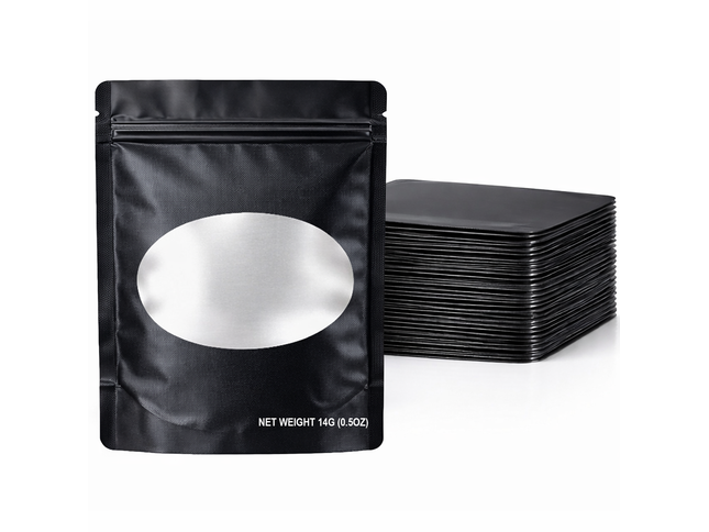 50 Pack – 14g Solid Color Mylar Bags with Oval Window - Black