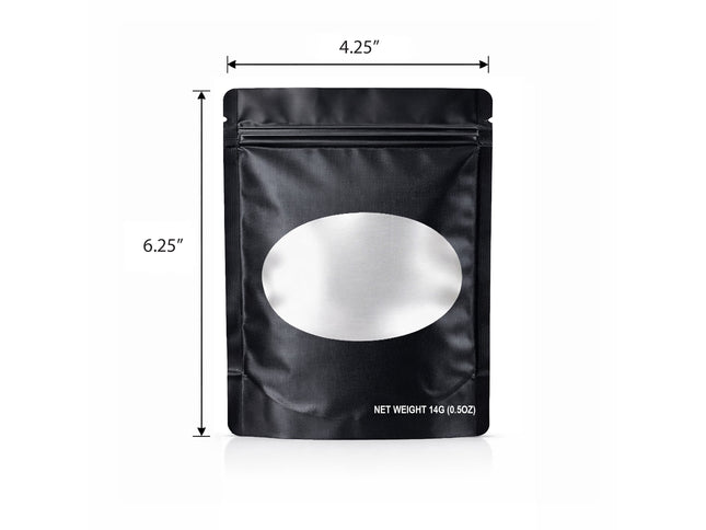 50 Pack – 14g Solid Color Mylar Bags with Oval Window - Black