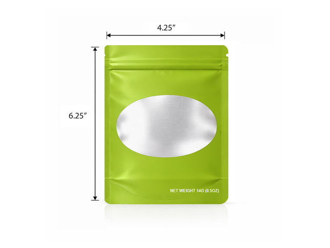50 Pack – 14g Solid Color Mylar Bags with Oval Window - Green