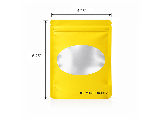 50 Pack – 14g Solid Color Mylar Bags with Oval Window - Yellow