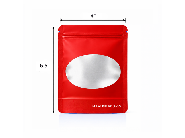 50 Pack – 14g Solid Color Mylar Bags with Oval Window - Red
