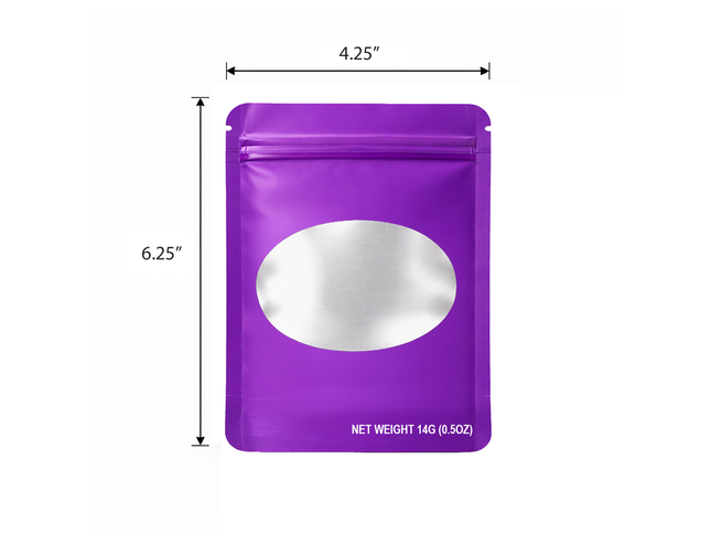 50 Pack – 14g Solid Color Mylar Bags with Oval Window - Purple