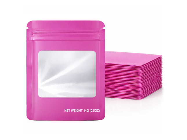 50 Pack – 14g Solid Color Mylar Bags with Square Window - Pink