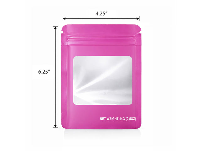 50 Pack – 14g Solid Color Mylar Bags with Square Window - Pink