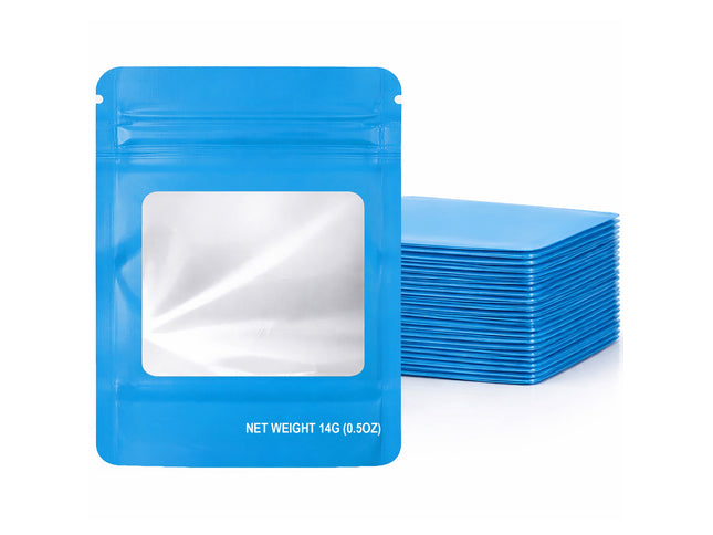 50 Pack – 14g Solid Color Mylar Bags with Square Window -  Light Blue