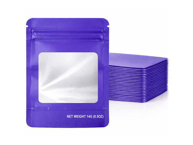 50 Pack – 14g Solid Color Mylar Bags with Square Window - Purple