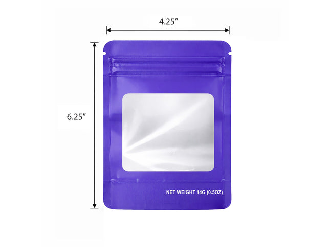 50 Pack – 14g Solid Color Mylar Bags with Square Window - Purple