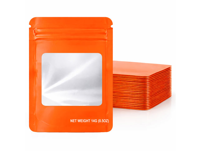 50 Pack – 14g Solid Color Mylar Bags with Square Window - Orange