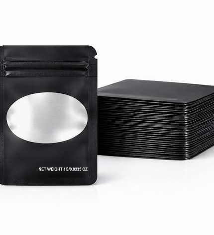 100 Pack – 1g Solid Color Mylar Bags with Oval Window - Black