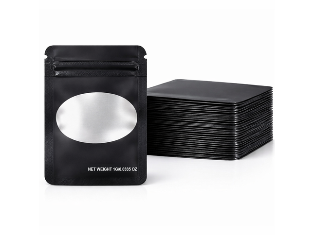 100 Pack – 1g Solid Color Mylar Bags with Oval Window - Black