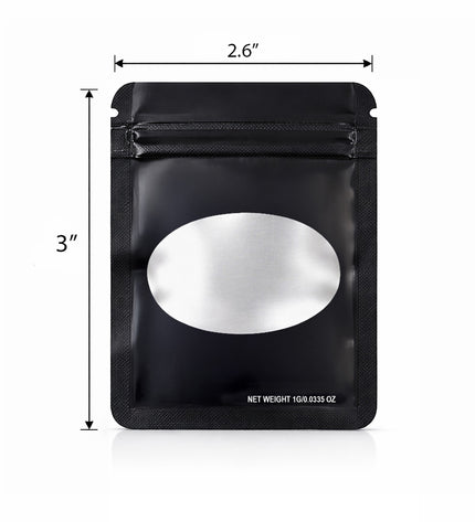 100 Pack – 1g Solid Color Mylar Bags with Oval Window - Black