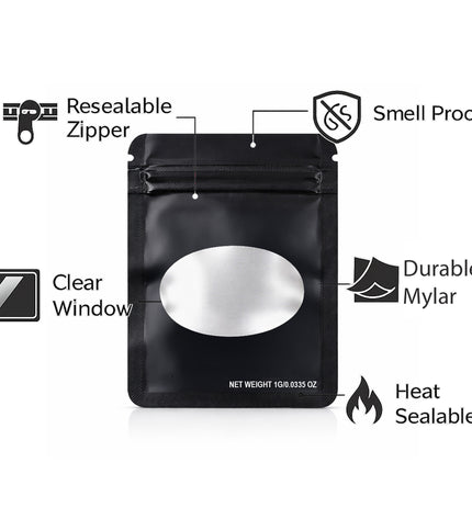 100 Pack – 1g Solid Color Mylar Bags with Oval Window - Black