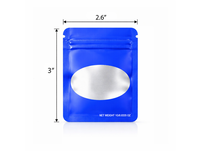 100 Pack – 1g Solid Color Mylar Bags with Oval Window - Royal Blue