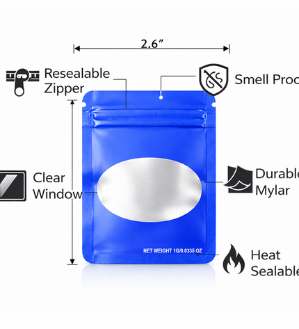 100 Pack – 1g Solid Color Mylar Bags with Oval Window - Royal Blue