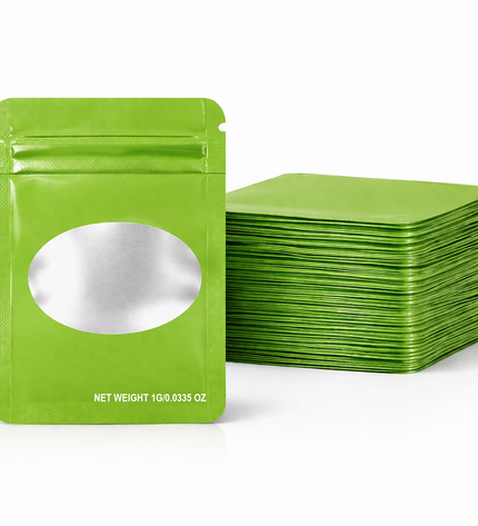 100 Pack – 1g Solid Color Mylar Bags with Oval Window - Green