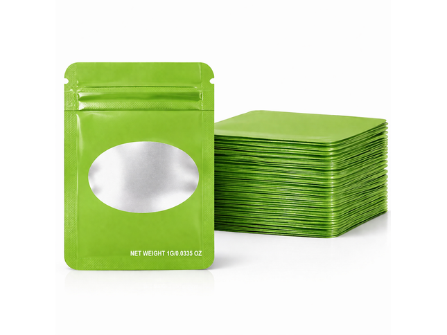 100 Pack – 1g Solid Color Mylar Bags with Oval Window - Green