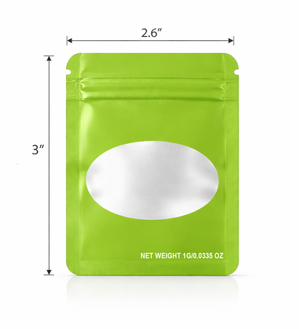 100 Pack – 1g Solid Color Mylar Bags with Oval Window - Green