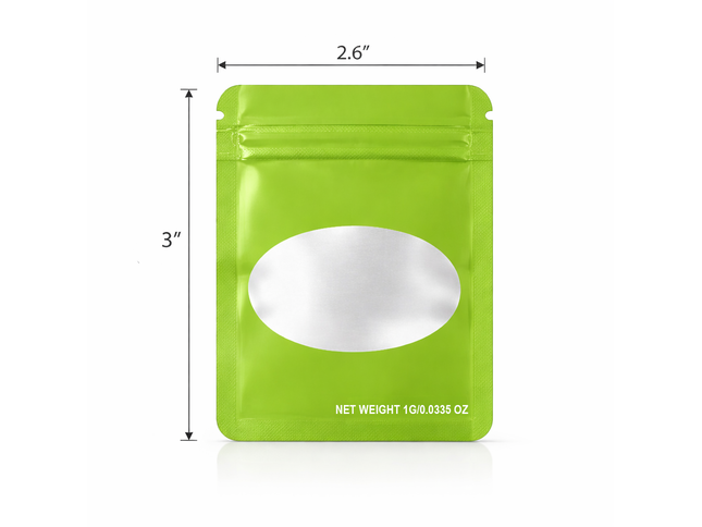 100 Pack – 1g Solid Color Mylar Bags with Oval Window - Green