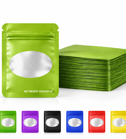 100 Pack – 1g Solid Color Mylar Bags with Oval Window - Green