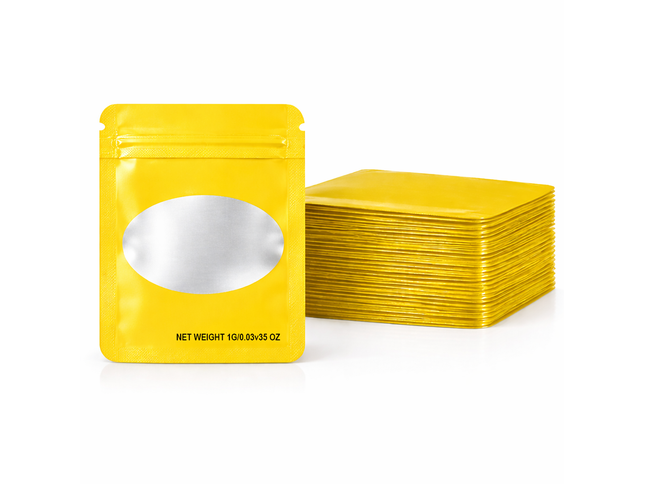 100 Pack – 1g Solid Color Mylar Bags with Oval Window - Yellow