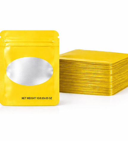 100 Pack – 1g Solid Color Mylar Bags with Oval Window - Yellow