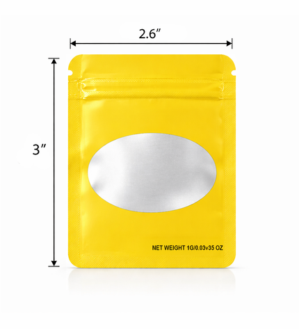 100 Pack – 1g Solid Color Mylar Bags with Oval Window - Yellow