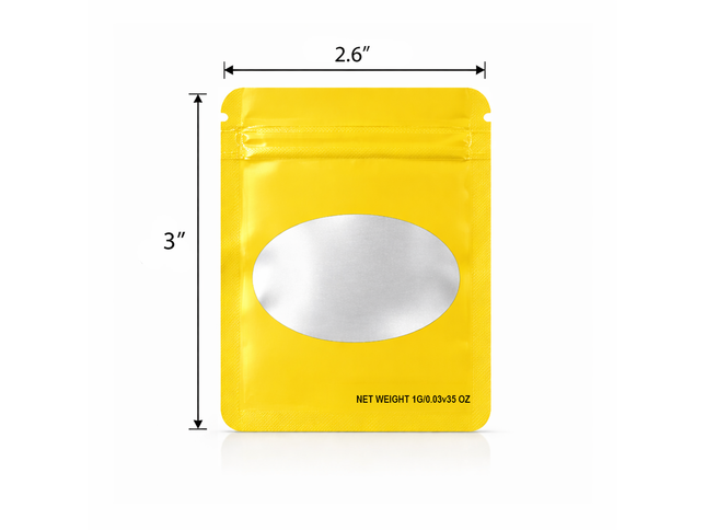 100 Pack – 1g Solid Color Mylar Bags with Oval Window - Yellow