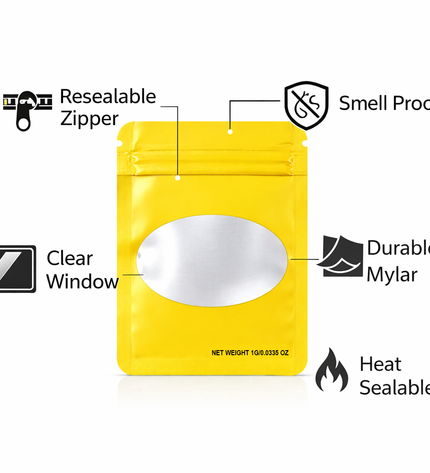 100 Pack – 1g Solid Color Mylar Bags with Oval Window - Yellow